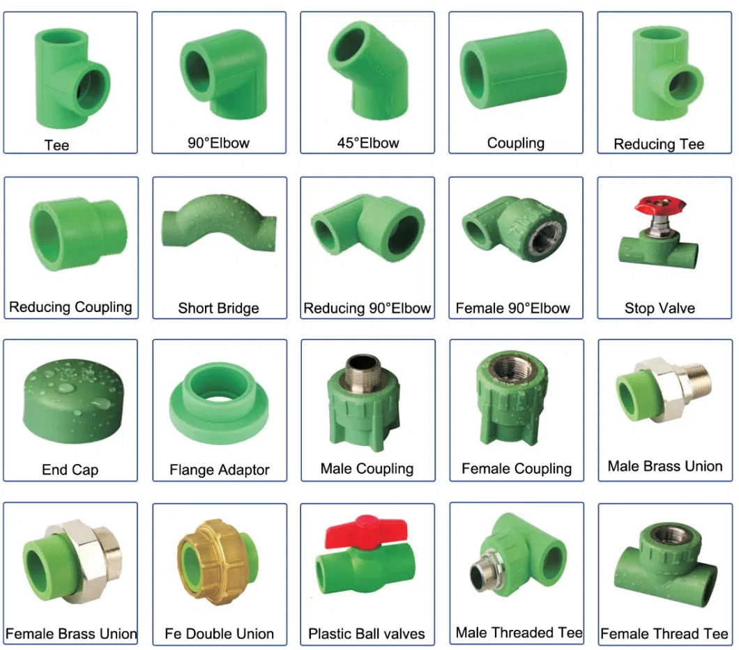 All Types of Blue Color Green Color PPR Pipe Fittings List Names PPR Accessories for Hot Water Cold Water